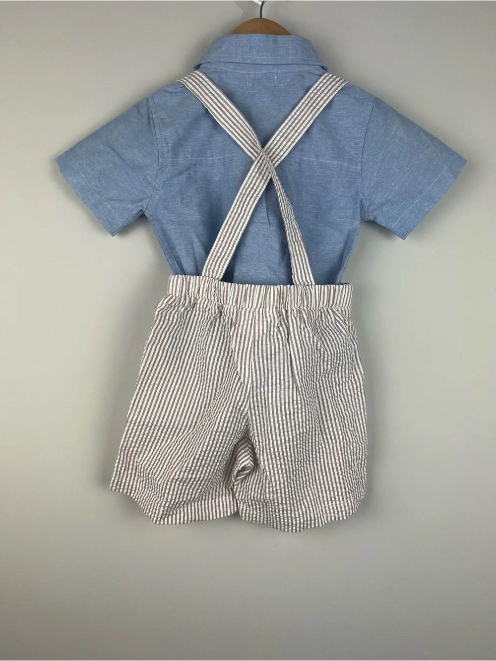 Mudpie Blue Chambray Shirt & Striped Suspender Shorts Set with Aqua Tie
